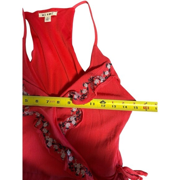 Miami Red Hot Racerback Embroidery Ruffle Faux Wrap Fit And Flare Halter Dress L - Picture 6 of 8